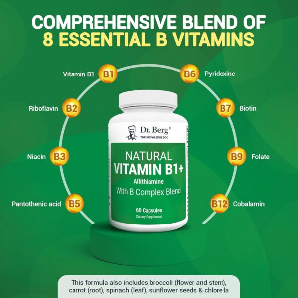 Dr. Berg Natural Vitamin B1 B6 B12 Complex - Allithiamine Vitamin B1 Supplement with 8 Essential Vitamin B Complex for Men & Women Including Thiamin, Niacin, Folate, Magnesium & More - 60 Capsules