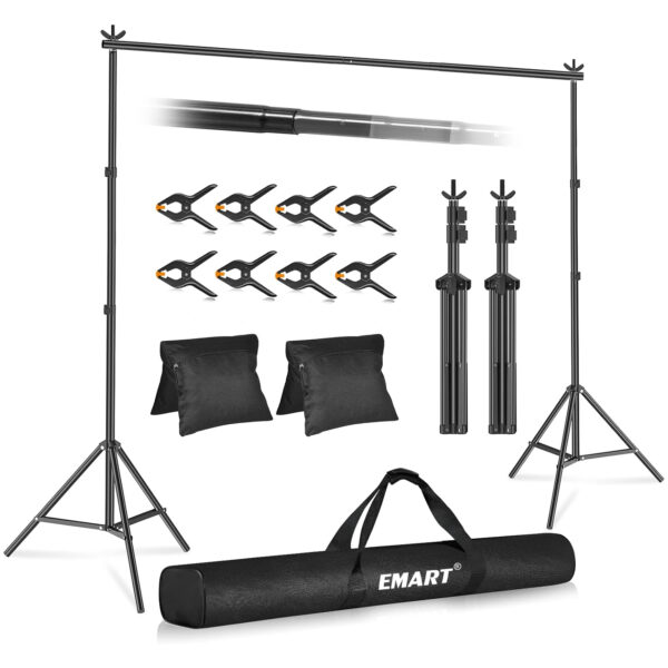 EMART Backdrop Stand 10x7ft(WxH) Photo Studio Adjustable Background Stand Support Kit with 2 Crossbars, 8 Backdrop Clamps, 2 Sandbags and Carrying Bag for Parties Events Decoration