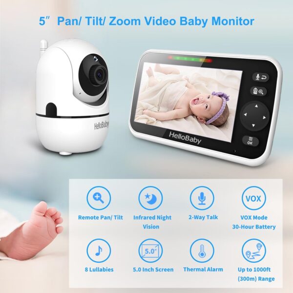 HelloBaby Upgrade Monitor, 5''Sreen with 30-Hour Battery, Pan-Tilt-Zoom Video Baby Monitor with Camera and Audio, Night Vision, VOX, 2-Way Talk, 8 Lullabies and 1000ft Range No WiFi - Image 2