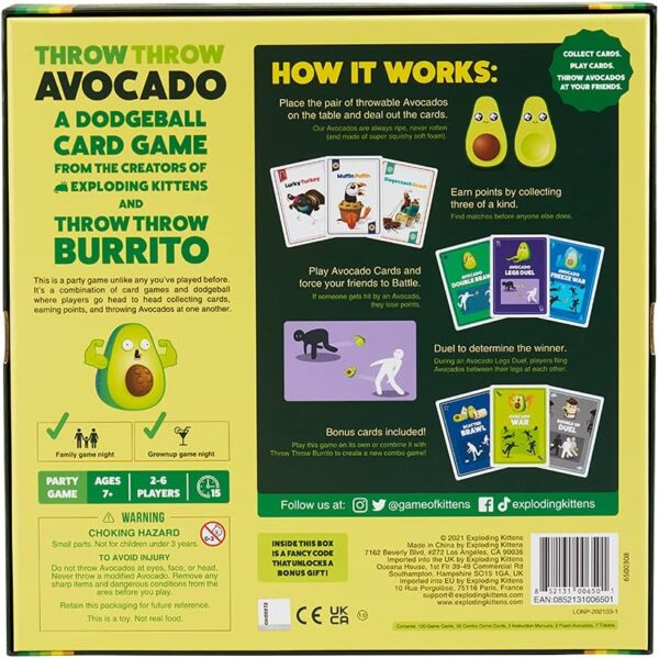 Exploding Kittens Presents Throw Avocado - A Dodgeball Card Sequel and Expansion Set - Family-Friendly Card Games for Adults, Teens & Kids - 2-6 Players - Ages 7 and Up - 120 Cards in USA