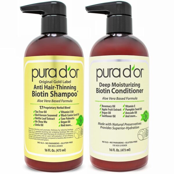 PURA D'OR Anti-Thinning Biotin Shampoo & Deep Moisturizing Conditioner Original Gold Label Set (16Oz x2) Natural Earthy Scent, Clinically Tested Proven Results, DHT Blocker Thickening, For Women & Men available in United States of America on Amazon.com