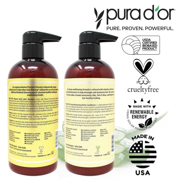 PURA D'OR Anti-Thinning Biotin Shampoo & Deep Moisturizing Conditioner Original Gold Label Set (16Oz x2) Natural Earthy Scent, Clinically Tested Proven Results, DHT Blocker Thickening, For Women & Men - Image 7