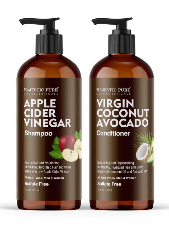 MAJESTIC PURE Apple Cider Vinegar Shampoo and Avocado Coconut Conditioner Set - Restores Shine & Reduces Itchy Scalp, Dandruff & Frizz - Sulfate Free, for All Hair Types, Men and Women - 2 x 16 fl oz