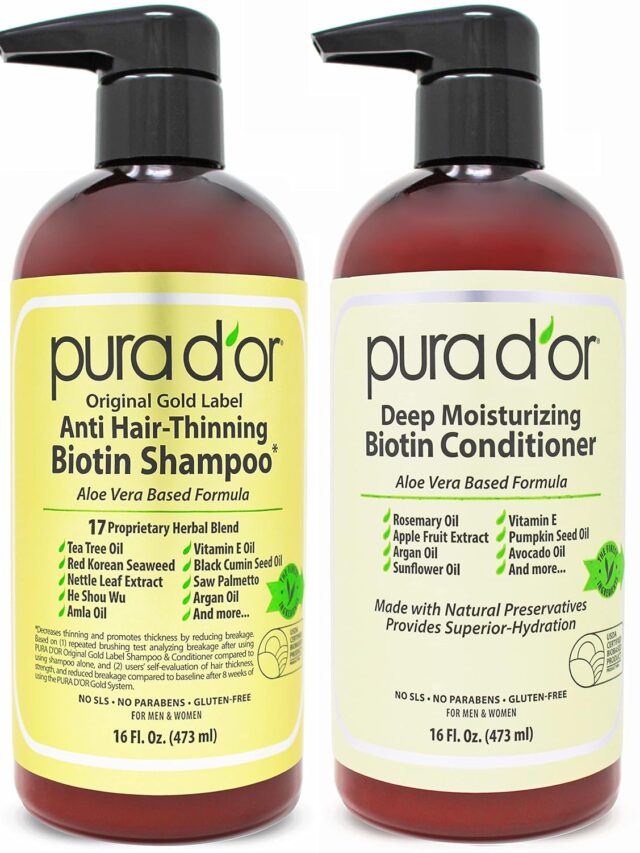 PURA D’OR Anti-Thinning Biotin Shampoo & Deep Moisturizing Conditioner Original Gold Label Set (16Oz x2) Natural Earthy Scent, Clinically Tested Proven Results, DHT Blocker Thickening, For Women & Men