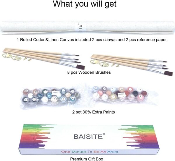 BAISITE Paint by Numbers Kit for Adults Beginners,12" Wx16 L 2 Pack Canvas Pictures Drawing Paintwork with 8 Pcs Wooden Paintbrushes, Acrylic Pigment in Gift Box-1112 - Image 9