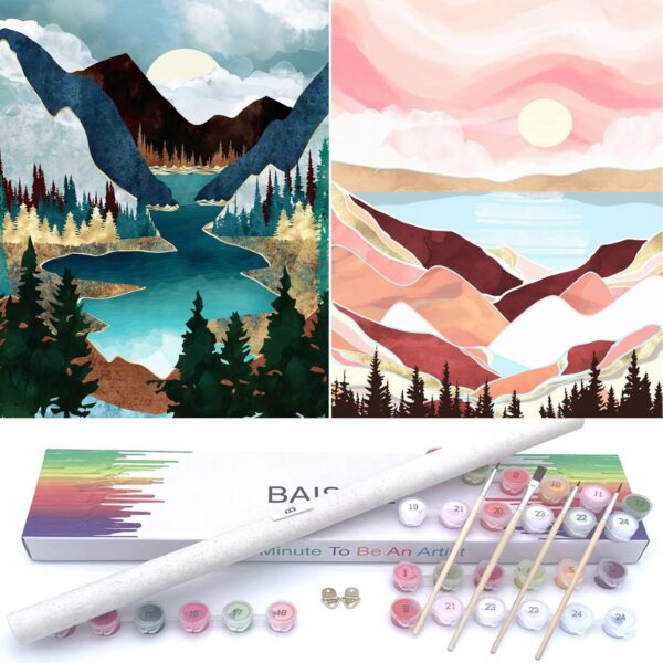 BAISITE Paint by Numbers Kit for Adults Beginners,12" Wx16 L 2 Pack Canvas Pictures Drawing Paintwork with 8 Pcs Wooden Paintbrushes,Acrylic Pigment in Gift Box-1112