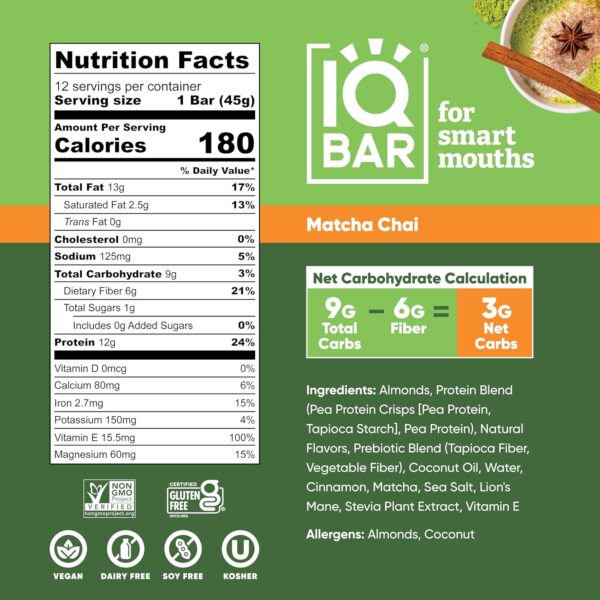 IQBAR Brain and Body Plant Protein Bars - Matcha Chai - Image 5