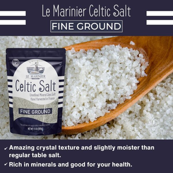 Le Marinier Celtic Salt Fine Ground, 1.1lb - 18oz. +82 Minerals Unrefined French Sea Salt 100% Natural, Hand Harvested Mineral Celtic Salt (1.1lb Fine Ground)