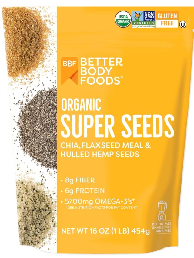 BetterBody Foods Superfood Organic Super Seeds – Blend of Organic Chia Seeds, Milled Flax Seed, Hemp Hearts, Add to Smoothies Shakes & More, 1lb, 16 oz