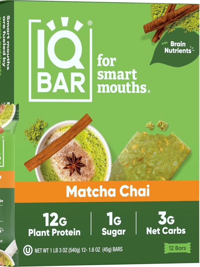 IQBAR Brain and Body Plant Protein Bars – Matcha Chai – 12 Count, Low Carb, High Fiber, Gluten Free, Healthy Vegan Snacks – Low Sugar Keto Bar Pack