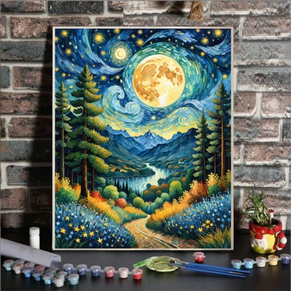 ldazao Moon Paint by Numbers Kit for Adults Beginner Forest Adult Paint by Number Kits On Canvas Adults' Paint-by-Number Kits DIY Oil Painting Kits for Gift Home Wall Decor 16x20 Inch