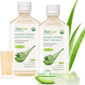 AloeCure USDA Organic Aloe Vera Juice Made Within 12 Hrs of Harvest - Pure Aloe Juice Natural Digestive Supplement to Support Digestion, Immune System and Balanced Stomach Acidity, 2 x 500ml Bottles