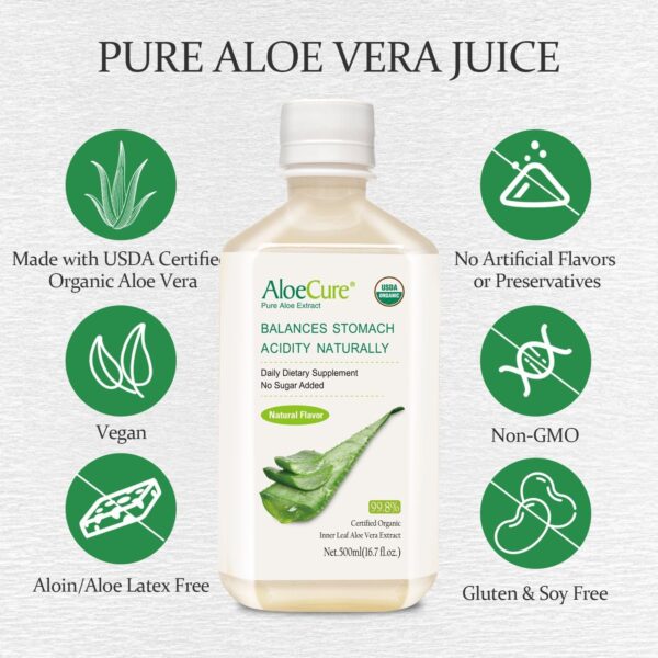 AloeCure USDA Organic Aloe Vera Juice Made Within 12 Hrs of Harvest - Pure Aloe Juice Natural Digestive Supplement to Support Digestion, Immune System and Balanced Stomach Acidity, 2 x 500ml Bottles