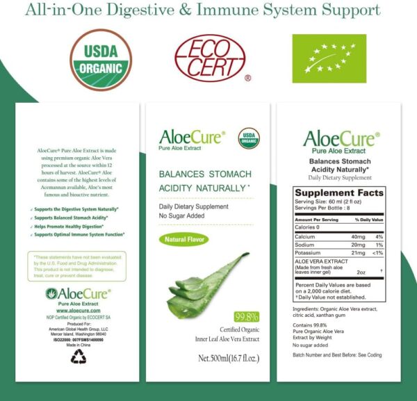 AloeCure USDA Organic Aloe Vera Juice Made Within 12 Hrs of Harvest - Pure Aloe Juice Natural Digestive Supplement to Support Digestion, Immune System and Balanced Stomach Acidity, 2 x 500ml Bottles