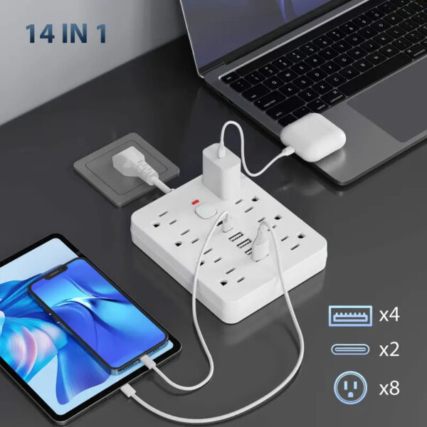 14-in-1 Power Strip with Surge Protection and One-Touch Control Switch - 4 Spacious AC Outlets with 6 USB Ports (including 2 Type-C)